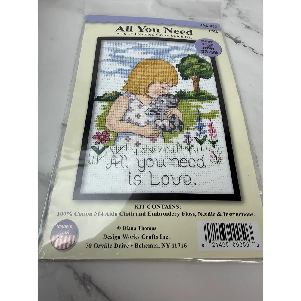 Design Works ALL YOU NEED IS LOVE Girl & Kitten Counted Cross Stitch Kit 5